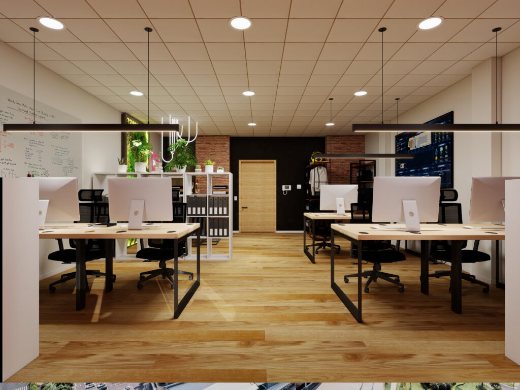 modern open plan office interior with multiple workstations
