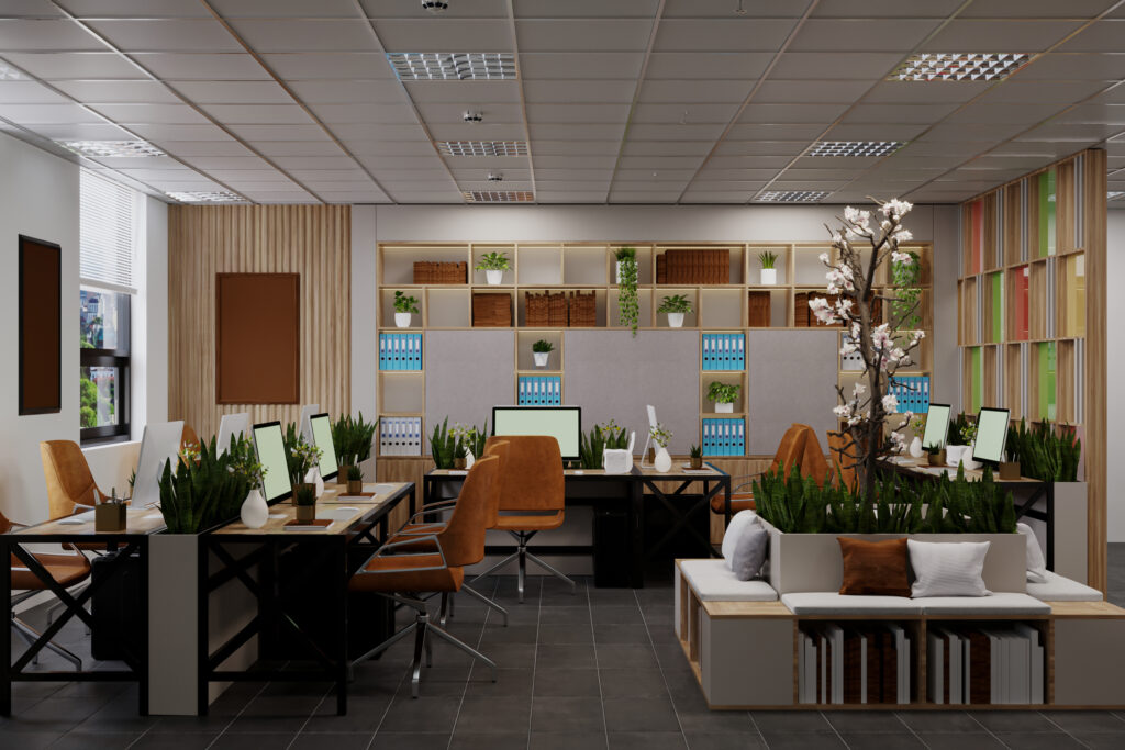 an office created with sleek workstations, and a bright, inviting atmosphere